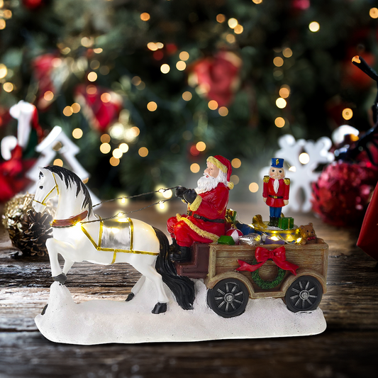 Julemand med hvid hest, vogn og roterende nøddeknækker