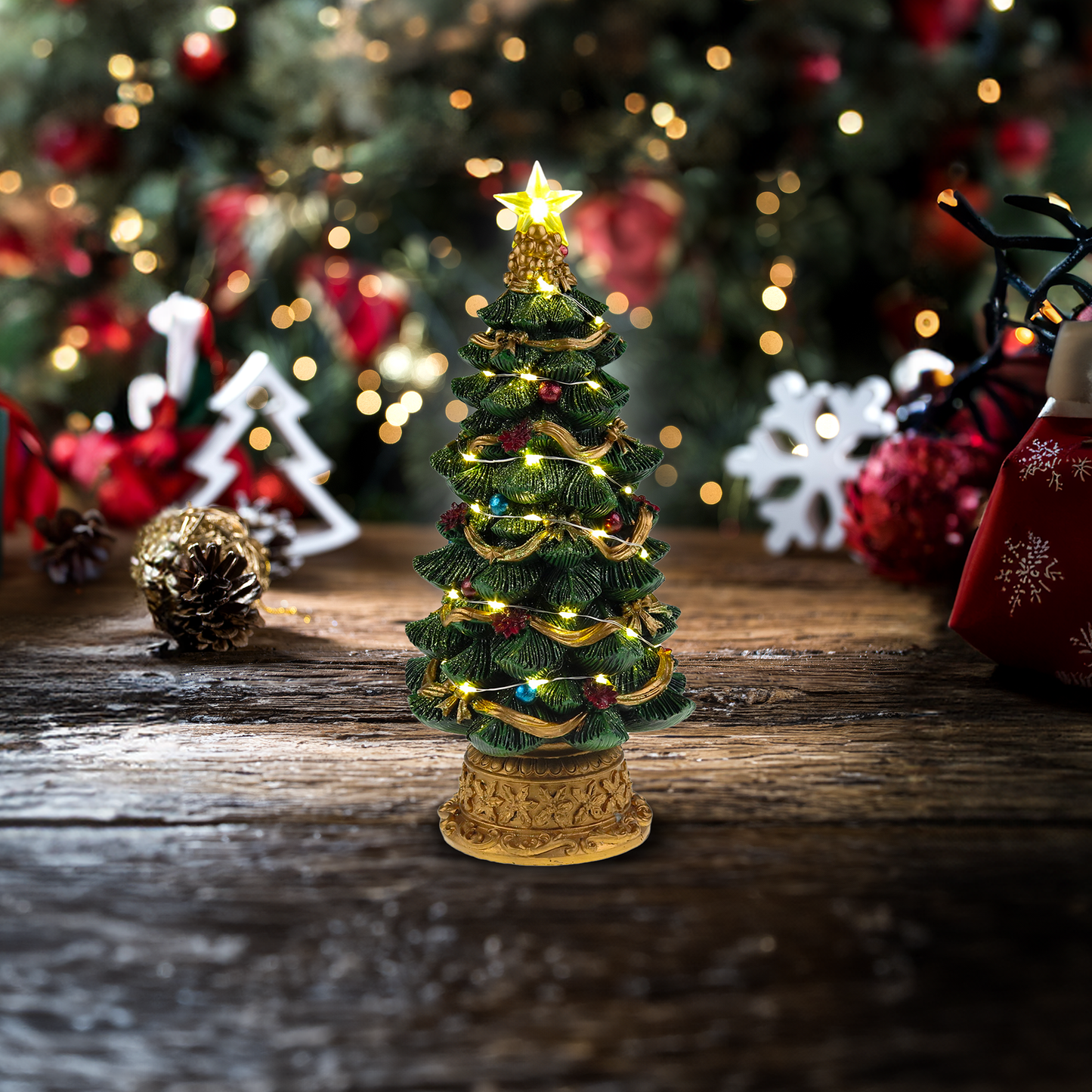 LED lit Christmas Tree - Christmas Village Scene - Santa's Light Shop