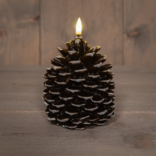 brown pinecone flameless LED lamp with moving flame. Battery operated